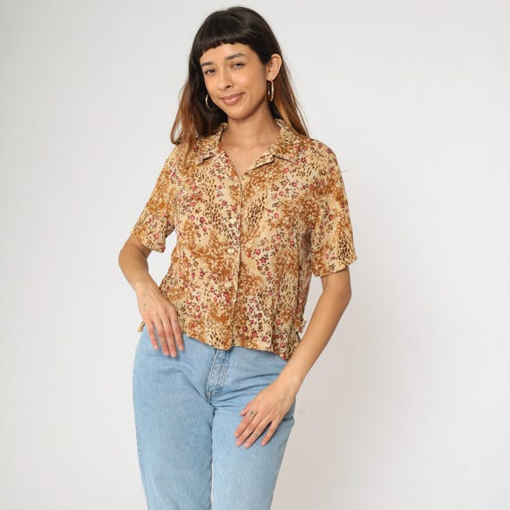 Leopard Floral Blouse 90s Button Up Shirt Tan Brown Animal Print Glam Top Brown Short Sleeve Vintage 1990s Kathie Lee Medium