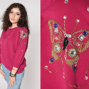 Sudadera mariposa con cuentas 90s camisa rosa fucsia vintage suéter de manga RAGLAN gema deslumbrada 1990s Slouchy Small S
