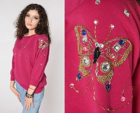 Beaded Butterfly Sweatshirt 90s Fuchsia Pink Shirt Vintage RAGLAN Sleeve Sweater Gem Bedazzled 1990s Slouchy Small S