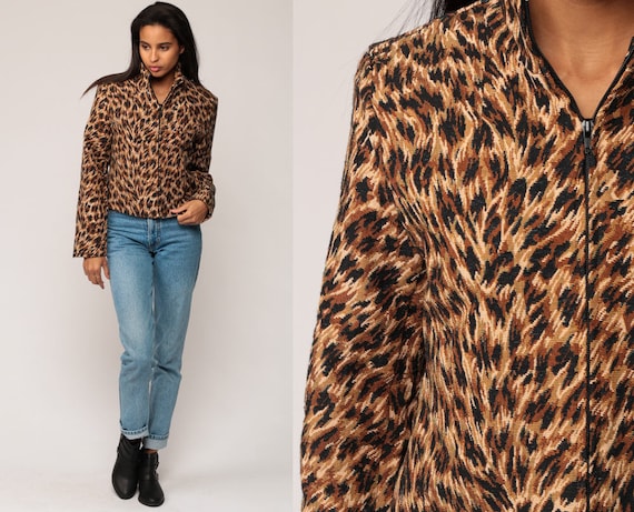 Leopard Print Jacket 90s Grunge Animal Jacket Tapestry Zip Up 80s Vintage Extra Small xs