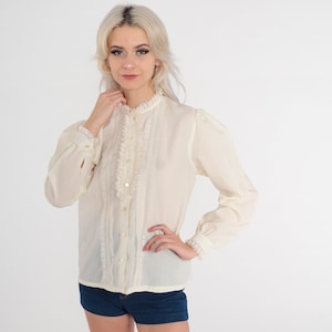 Tuxedo Lace Blouse 70s Cream Victorian Shirt Button Up Boho Hippie Shirt Formal Party Bohemian Blouse Vintage 1970s Long Sleeve Medium