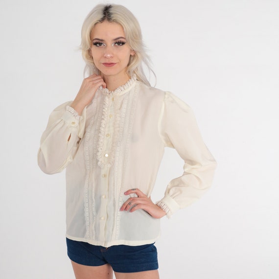 Tuxedo Lace Blouse 70s Cream Victorian Shirt Button Up Boho Hippie Shirt Formal Party Bohemian Blouse Vintage 1970s Long Sleeve Medium