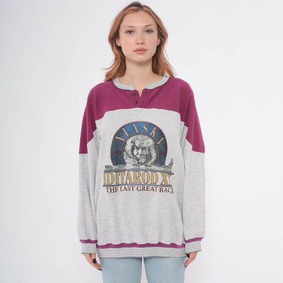 90s Alaska Sweatshirt Iditarod Color Block Purple Gray Henley Sled Dog Race Graphic Striped Trim Grunge Vintage Extra Large XL