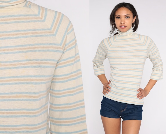 Turtleneck Shirt 70s Top Raglan Sleeve Shirt Off-White Blue Shirt 1970s Funnel Retro Turtle Neck Top Vintage Boho Hippie Small