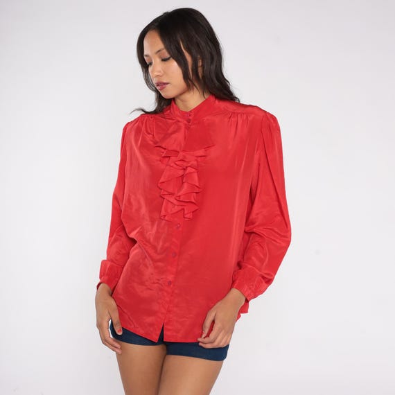80s Red Ruffle Blouse Silky Shirt Mandarin Collar Valentine's Day Office Tuxedo Bib Holiday Party Crimson Disco Blouse Women's Size Large 14