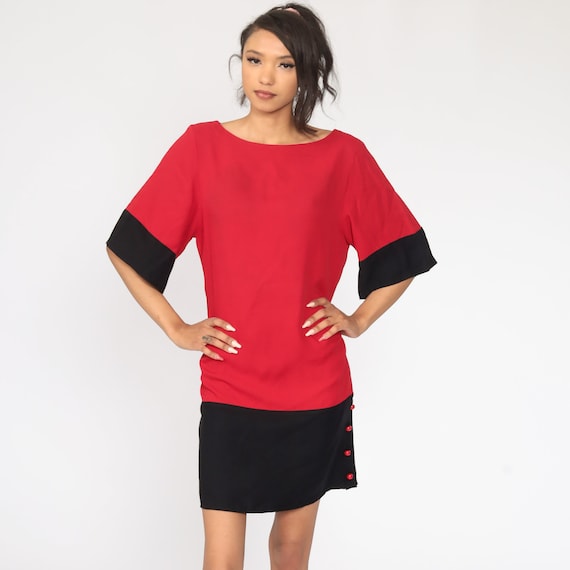 Color Block Dress Black Red Mini Dress 80s 90s Wide Sleeve Graphic Party Dress Minidress Shift Vintage 1990s Retro Medium