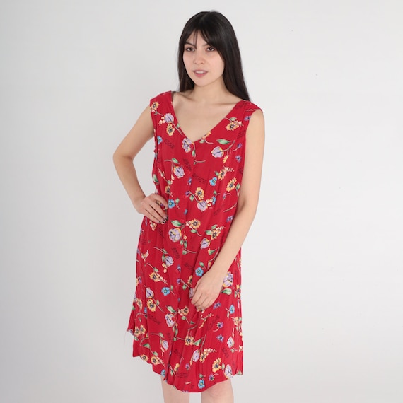 Red Floral Dress 90s Button up Mini Dress Cursive… - image 2