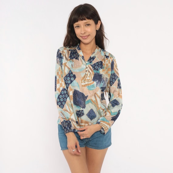 70s Abstract Patchwork Blouse Geometric Print Shirt Teal Collared V Neck Pearl Button Top Village Fair Long Sleeve Artsy Pullover Medium M