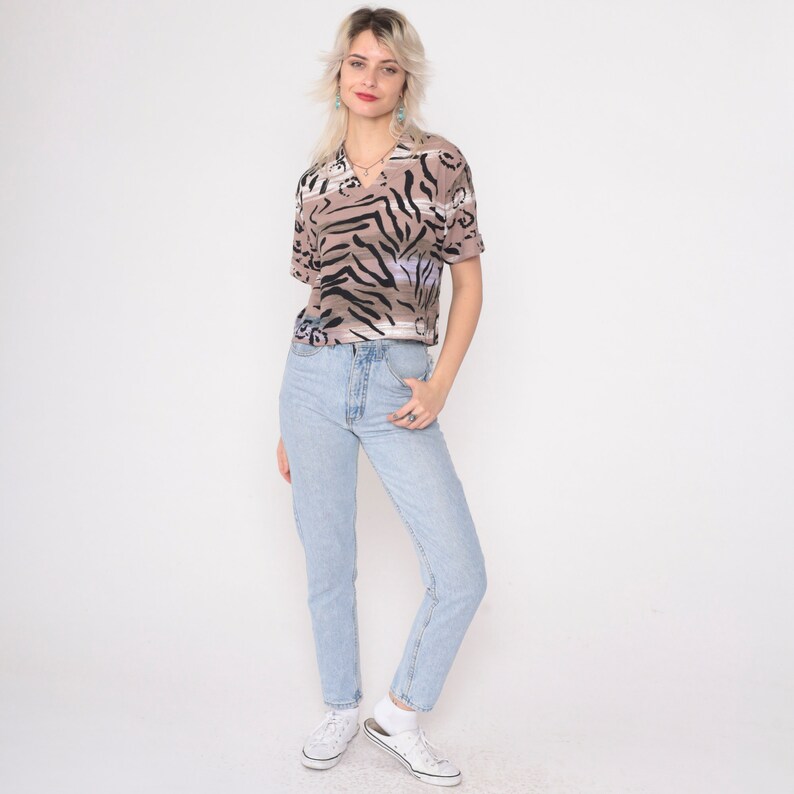 90s Animal Print Tshirt Abstract Tiger Stripe Top Short Cuffed Sleeve Blouse V Neck Black Taupe Retro Vintage 1990s Petite Small S image 3