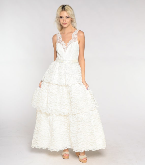 60s Wedding Dress White Lace Dress Maxi Tiered Sleeveless Sequin Party 1960s High Waist Vintage Sweetheart Neckline V Neck Extra Small xs