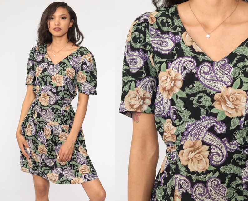 90s Mini Dress Floral Paisley Print Grunge DROP WAIST Boho Purple Black Deep V Neck Vintage Short Sleeve Medium