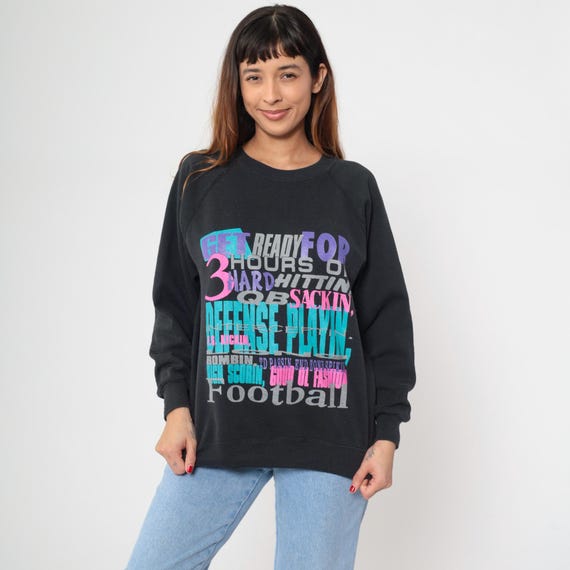 Colorful Football Sweatshirt 90s Black Graphic Crew Neck Long Sleeve Raglan Sports Athletic Purple Pink Turquoise Gray Hanes Vintage Medium