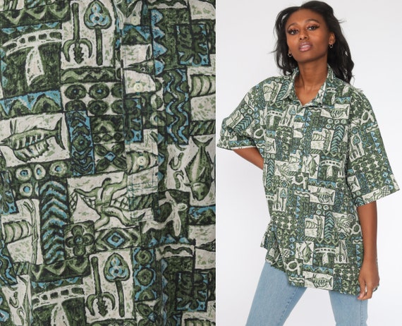 Hawaiian Shirt 2xl Fish Shirt Tropical Shirt 90s Green Fishing Shirt Surfer Button Up Shirt Beach Vacation Top Plus Size xxl xxxl