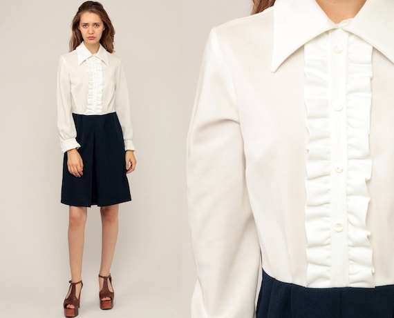 Mod Dress 70s Mini Minidress TUXEDO RUFFLE 60s High Waist White Blue Secretary Twiggy Dolly Vintage Button Up Long Sleeve Medium