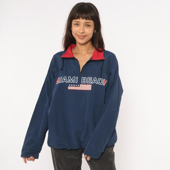 Miami Beach Windbreaker 90s Navy Half Zip Pullover Jacket Red Collar Uzzi Nylon Sportswear Americana Flag Anorak Vintage Small Medium S M