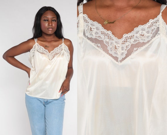Lace Trim Camisole 80s Off white Cami Top Lingerie Tank Top Retro