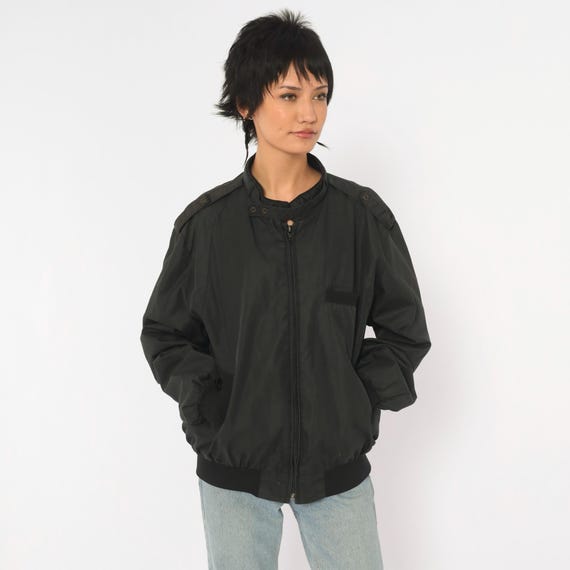 90s Black Bomber Jacket Cafe Racer Cotton Harrington Coat Epaulet Snap Collar Moto Biker Rocker Grunge Boxy Unisex Mens Small S