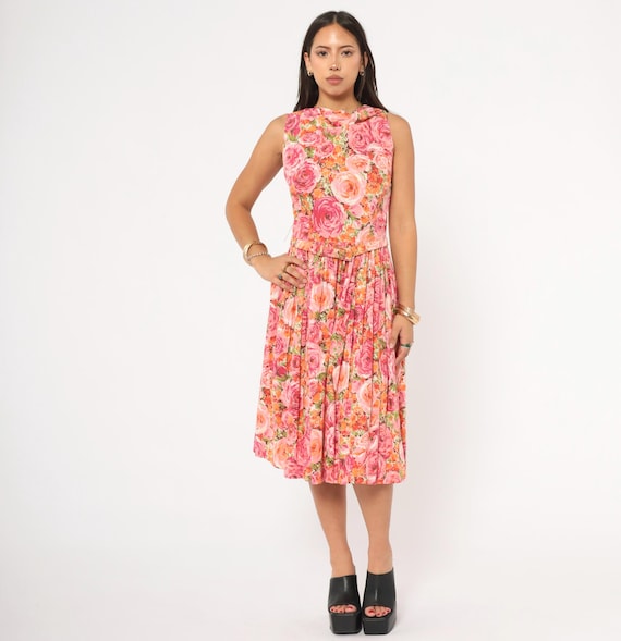 60s Rose Print Dress Pink Floral Sleeveless Cotton Pleated Skirt Bow Back Drop Waist Garden Party Orange Coral Summer Spring Frock Small S