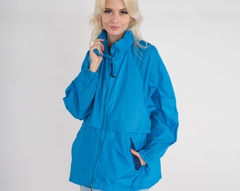 Blue Eddie Bauer Windbreaker 90s Zip Up Jacket Hidden Hood Retro Hiking Jacket Hooded Streetwear Sportswear Nylon Coat Vintage 1990s Large L