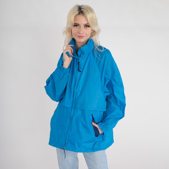 Blue Eddie Bauer Windbreaker 90s Zip Up Jacket Hidden Hood Retro Hiking Jacket Hooded Streetwear Sportswear Nylon Coat Vintage 1990s Large L