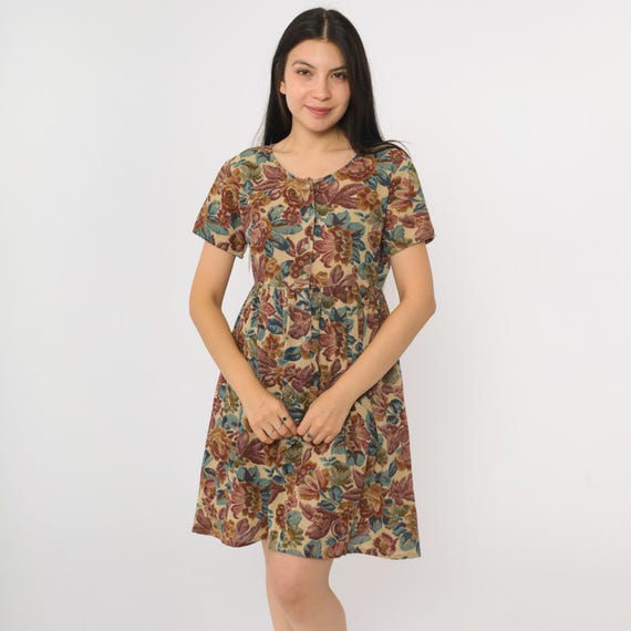 Vintage Floral Babydoll Dress 90s Beige Mini Dress Retro Grunge Flower Print Day Dress Short Sleeve Flowy Button up 1990s Petite 8 Medium