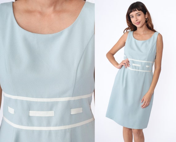 Ice Blue Sheath Dress Y2K Princess Seam Dress Sleeveless Ribbon Trim Vintage 00s Knee Length Midi Fitted Secretary Preppy Large 12