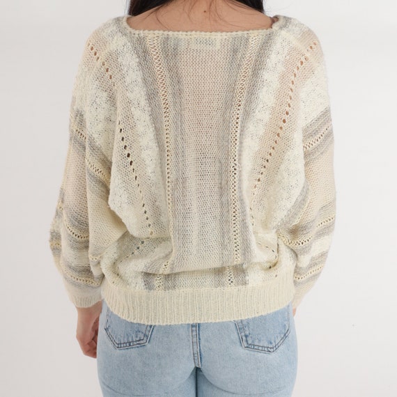 Open Weave Sweater 80s Cream Striped Knit Dolman … - image 5