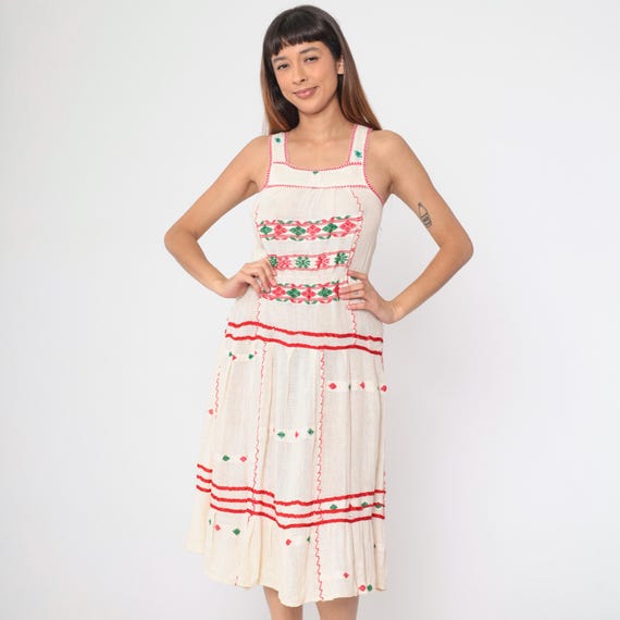 Embroidered Sundress 70s Cream Midi Dress Semi-Sheer Cream Green Red Geometric Print Sleeveless Cotton Gauze Vintage 1970s Extra Small xs