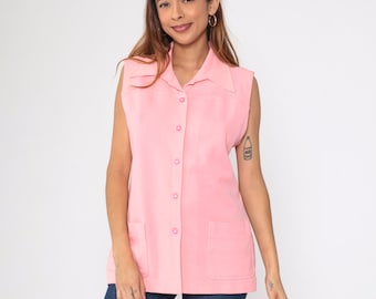 Pink Tank Top 70s Blouse Wing Collar Button up Shirt Sleeveless Collared Plain Simple Basic Retro Preppy Summer Mod Vintage 1970s Large L