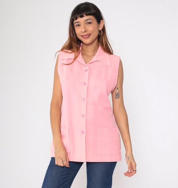 Pink Tank Top 70s Blouse Wing Collar Button up Shirt Sleeveless Collared Plain Simple Basic Retro Preppy Summer Mod Vintage 1970s Large L