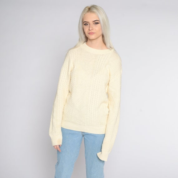 Cream Sweater 80s Slouchy Textured Pullover Beige Plain 1980s Jumper Vintage Preppy Normcore Medium Large
