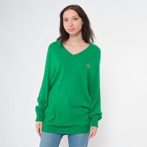 Vintage 80s Izod Lacoste Sweater Green V Neck Slouchy Pullover Jumper Knit 1980s Preppy Tennis Sweater Crocodile Retro Men&#39;s Large L