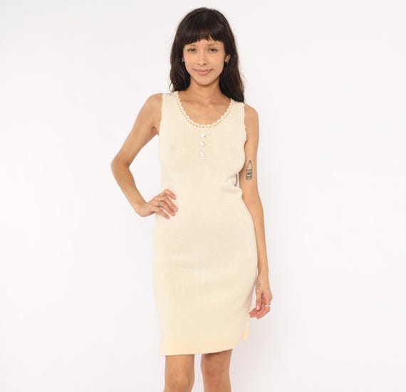 70s Cream Crochet Trim Knit Dress Sleeveless Scoop Neck Rhinestone Button Mini Tank Off White Coquette Feminine Vintage Small To Medium S M