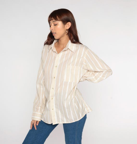 Beige Striped Shirt 70s White Stripes Button Front Long Sleeve Vintage Oversized That Girl Old Money Style Relaxed Extra Large XL