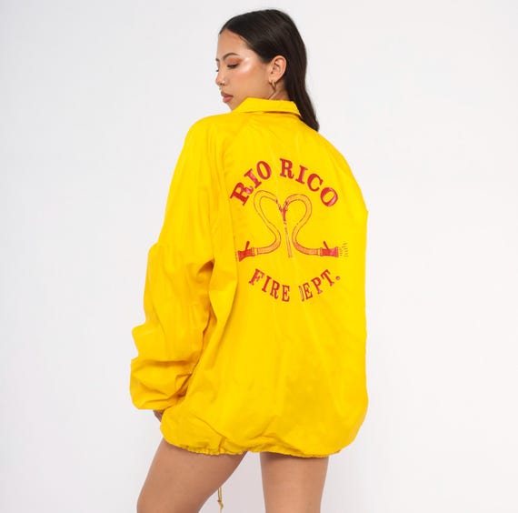 80s Fire Department Coach Jacket Rio Rico Yellow Windbreaker Fleece Lined Firefighter RRFD Gold Drawstring Uniform Vintage Extra Large XL
