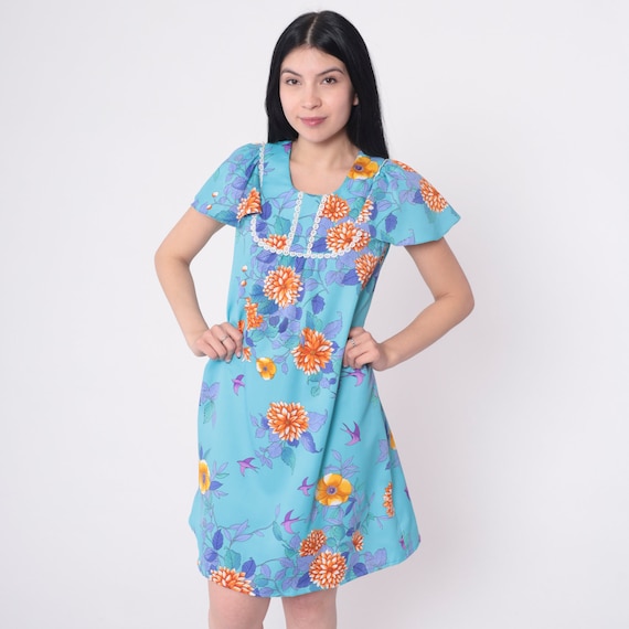 Floral Mini Dress 70s Blue Tropical Flutter Sleeve Dress Hawaiian Boho Shift Bib Dress 1970s Hippie Vintage Bohemian Minidress Small S