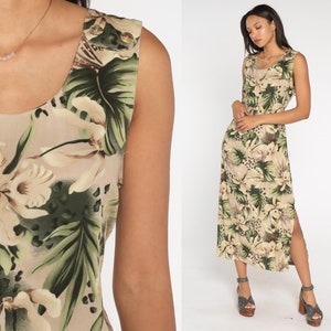Tropical Floral Dress 90s Taupe Leopard Print Ankle Length Maxi Boho Sleeveless Dress Column Flower Shift Summer Vintage Long Green Large 14