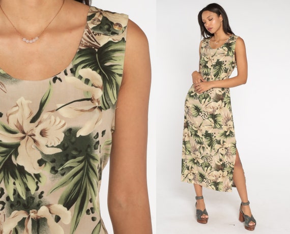 Tropical Floral Dress 90s Taupe Leopard Print Ankle Length Maxi Boho Sleeveless Dress Column Flower Shift Summer Vintage Long Green Large 14