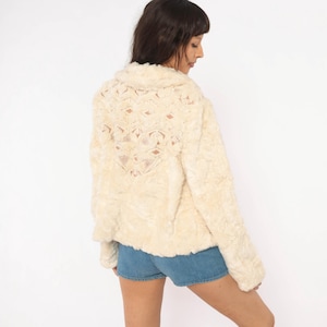 Embroidered Faux Fur Jacket Free People Cream Open Front Draped Coat Tribal Pattern Plush Fuzzy Y2K Warm Winter White Shawl Collar Medium M
