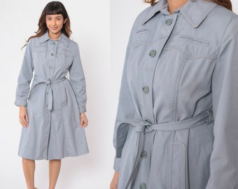 Muted Blue Trench Coat 70s 80s Button Up Mid Length Jacket Retro Basic Belted Western Yoke Jacket Seventies Tailored Vintage 1970s Small S