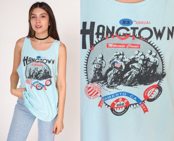 Motocross Shirt 1991 Hangtown Classic Tank Top 90s Sacramento Motorcycle Racing Graphic Tee Single Stitch Blue Vintage 1990s Medium Large