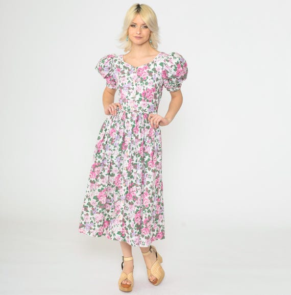 80s Floral Puff Sleeve Dress Criss-Cross Keyhole Back Vintage High Fitted Waist Cottagecore Midi 1980s Romantic White Pink Extra Small xs