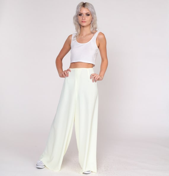 70s Palazzo Pants Pale Yellow Wide Leg Bell Bottoms Bohemian Hippie Trousers High Waist Boho Festival Summer Beachy Vintage 1970s Medium 30