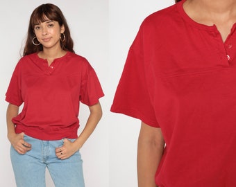 90s Henley Shirt Red Slouchy Shirt Short Sleeve Button Up Banded Hem Basic Slouch Solid Plain Tee Vintage 1990s Extra Large xl