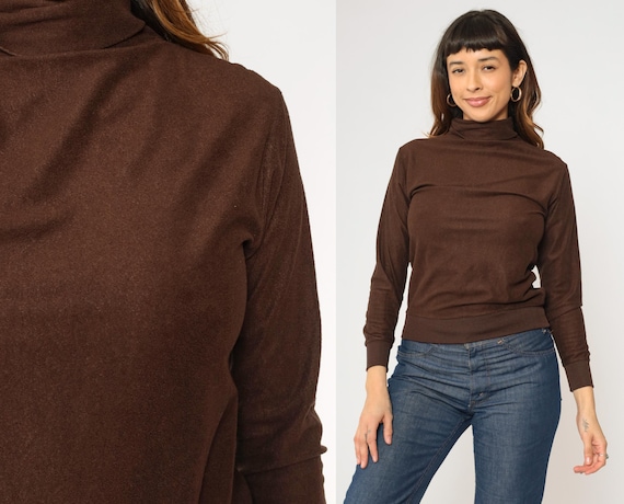 70s Turtleneck Shirt Brown Crop Top Retro Shirt Textured Long Sleeve Shirt Nerd Geek Cropped High Neck Extra Small xs