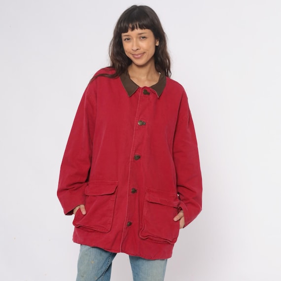 Marlboro 90s Red Jacket Cotton Leather Collar Trim Barn Chore Coat Flap Pockets Workwear Field Utility Vintage Grunge Extra Large XL