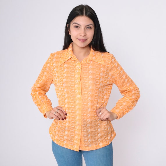 70s Horse Blouse Abstract Orange Psychedelic Disco Top Animal Print Bohemian Hippie Button Up 1970s Vintage Boho Collared Long Sleeve Medium