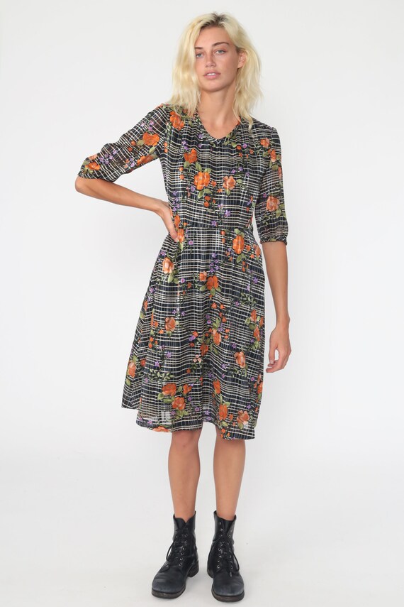 Checkered Floral Dress Midi Dress Bohemian Dress … - image 3