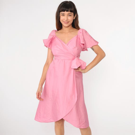 80s Pink Party Dress Flutter Puff Sleeve Prom Gown Vintage Faux Wrap Bow High Waist Midi Formal Dress Evening V Neck Small 4