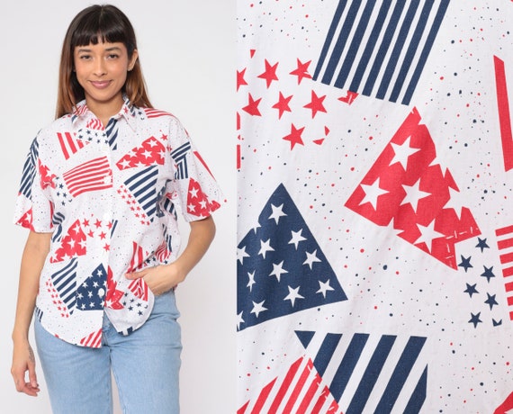 Stars and Stripes Shirt 90s Red White and Blue Button up Blouse USA American Flag Print Top Short Sleeve Collared Vintage 1990s Large L